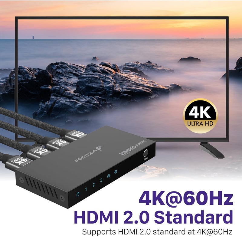Fosmon 3-Port HDMI 4K Switch with Remote, Support 4K@60Hz HDCP 2.2 High Speed 18Gbps 3 in 1 Out Auto-Switching 3x1 HDMI 2.0 Switcher Splitter Hub Compatible with PS5, Xbox X, Apple TV - Image 2